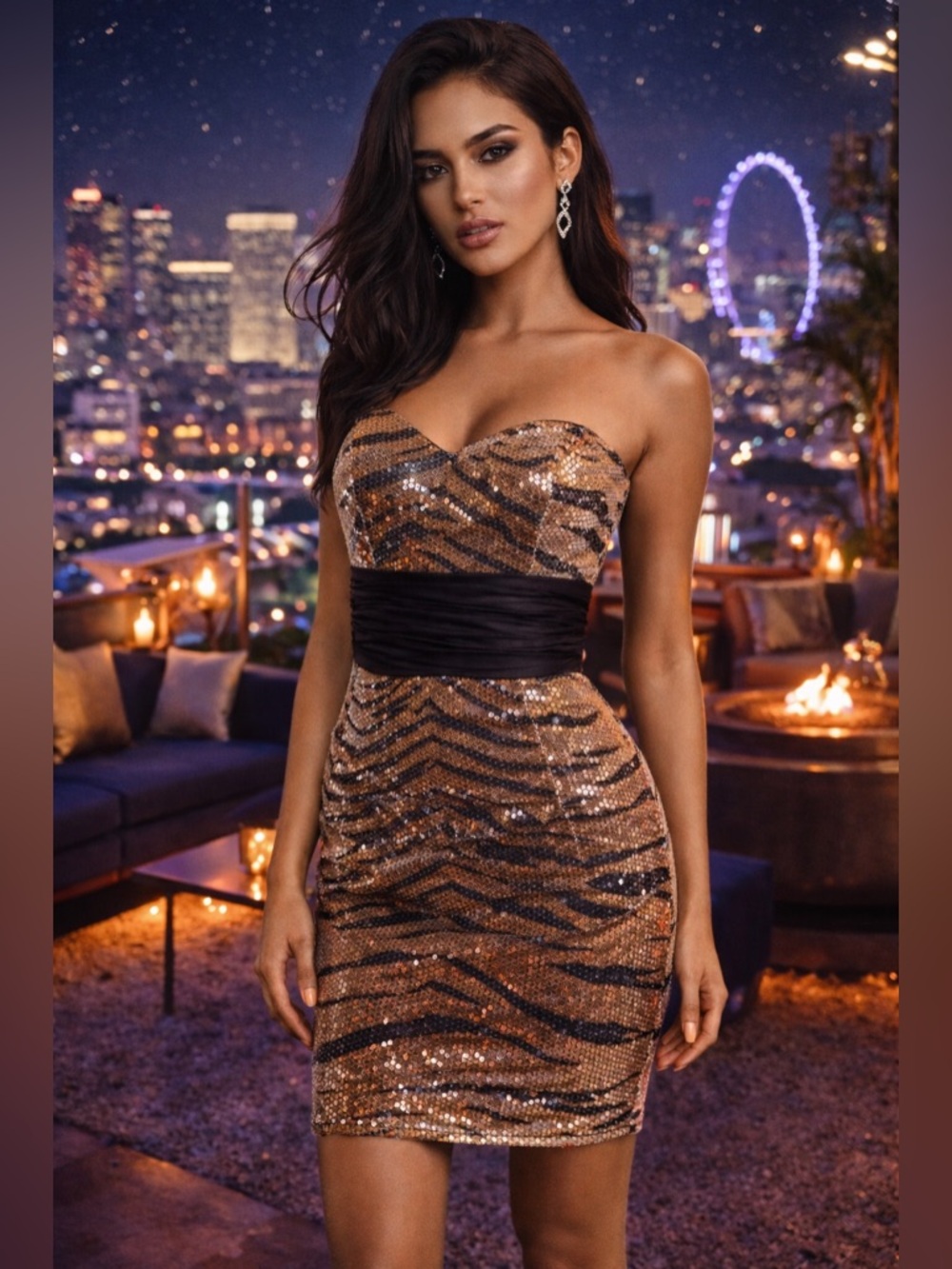 Tony Bowls Sequin Tiger Leopard Print Strapless Mini Dress Bodycon Party Sz 6